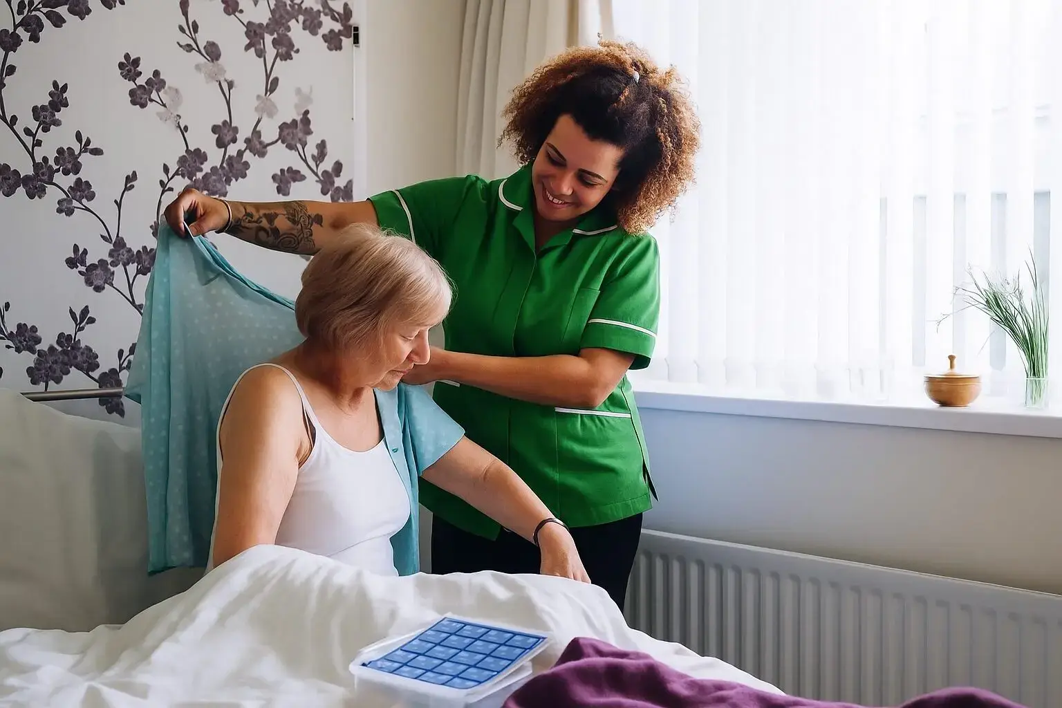 A woman is helping another person in bed