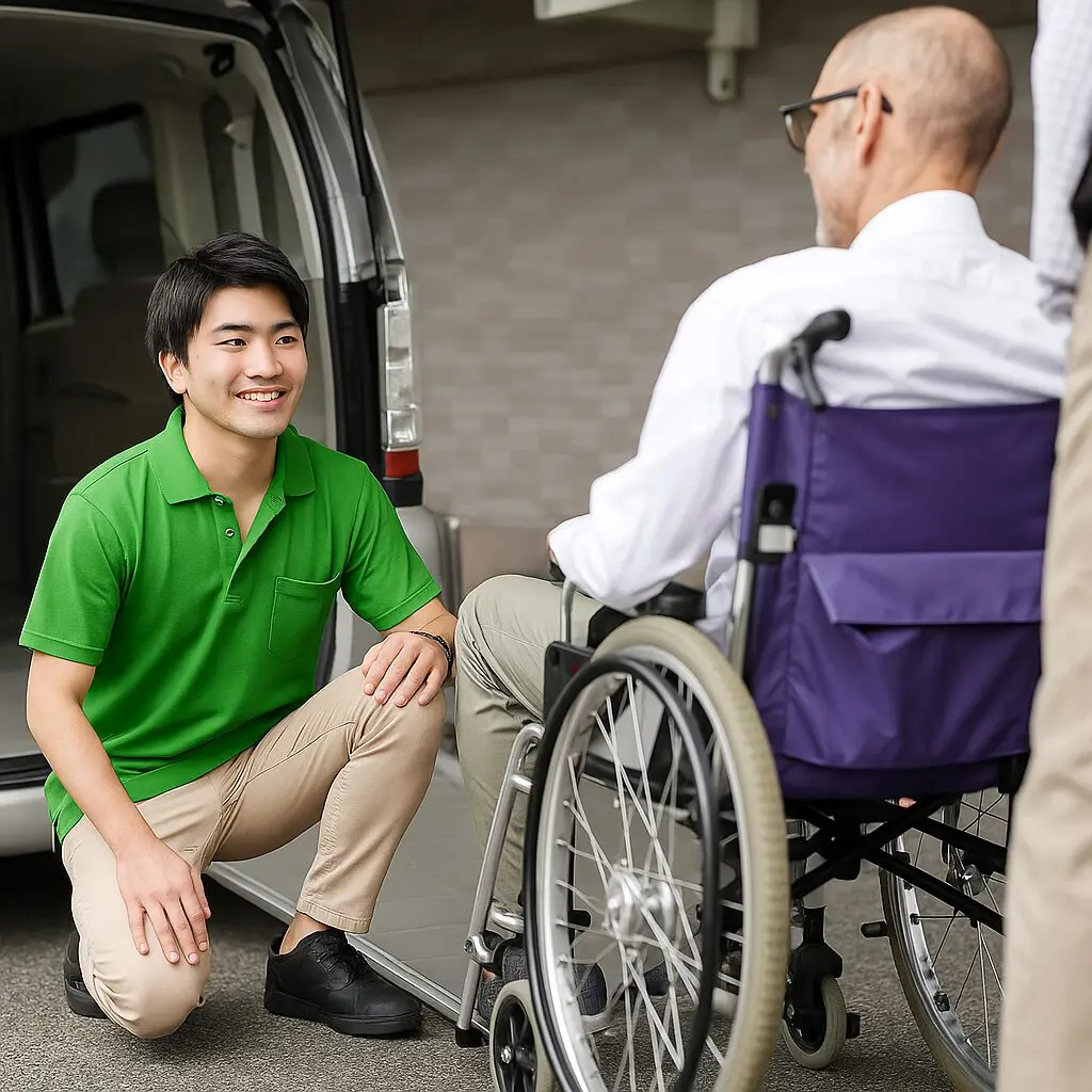 A man sitting on the ground next to another man in a wheelchair.