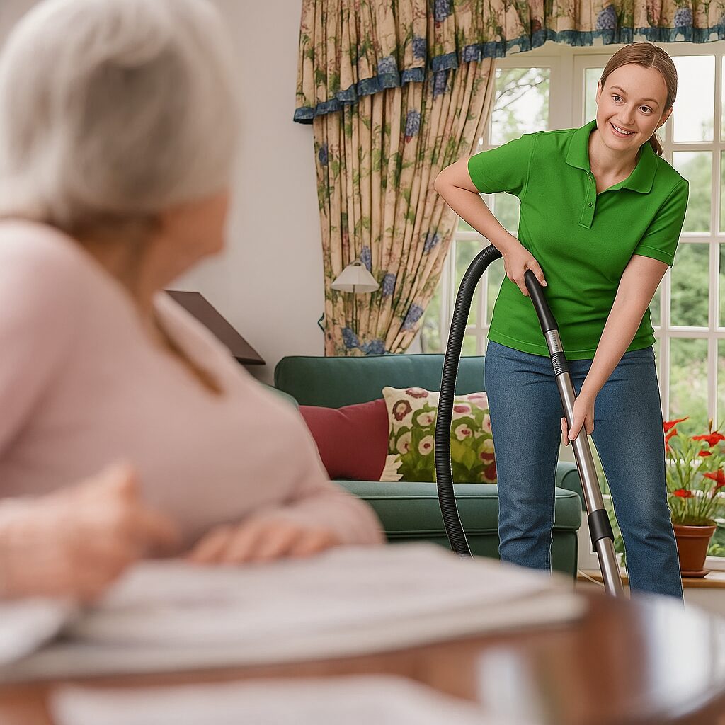 A woman is cleaning the floor with her vacuum