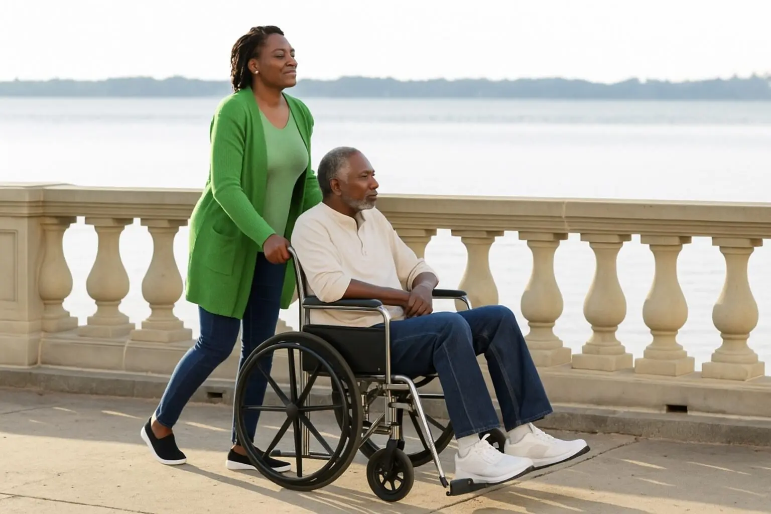 A woman pushing an elderly man in a wheelchair.