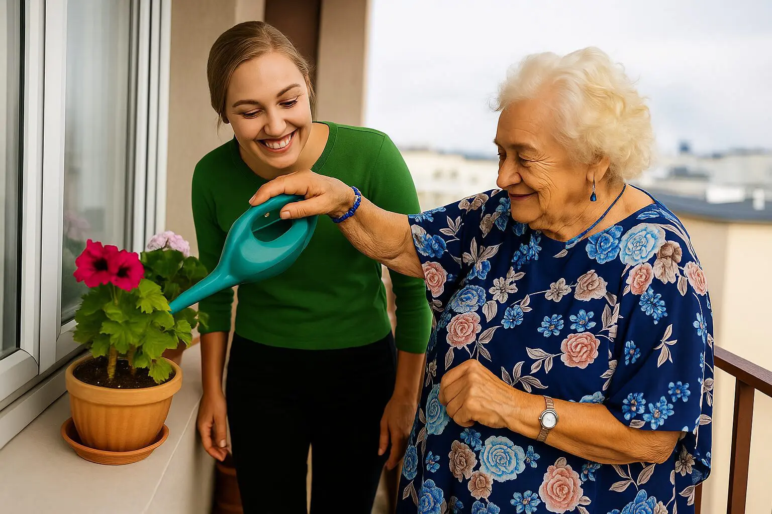 A woman watering flowers with an older lady.
