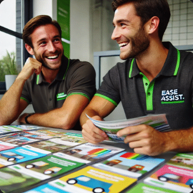 Two men sitting at a table with magazines.