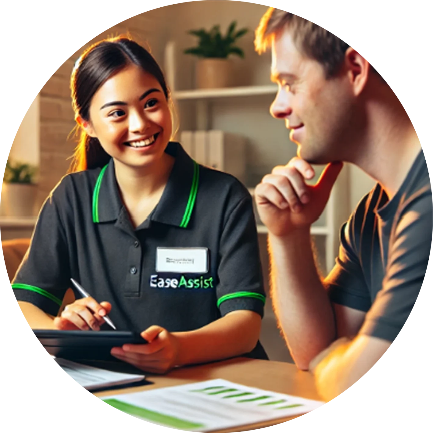 A man and woman sitting at a table with papers.
